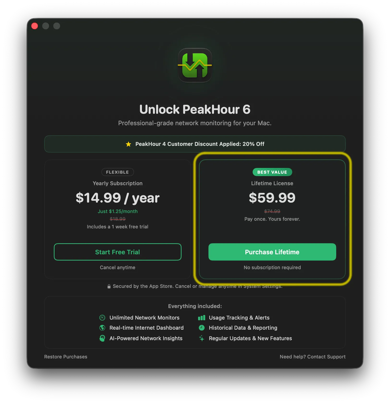 The Unlock PeakHour 6 purchase screen with the Lifetime License option highlighted