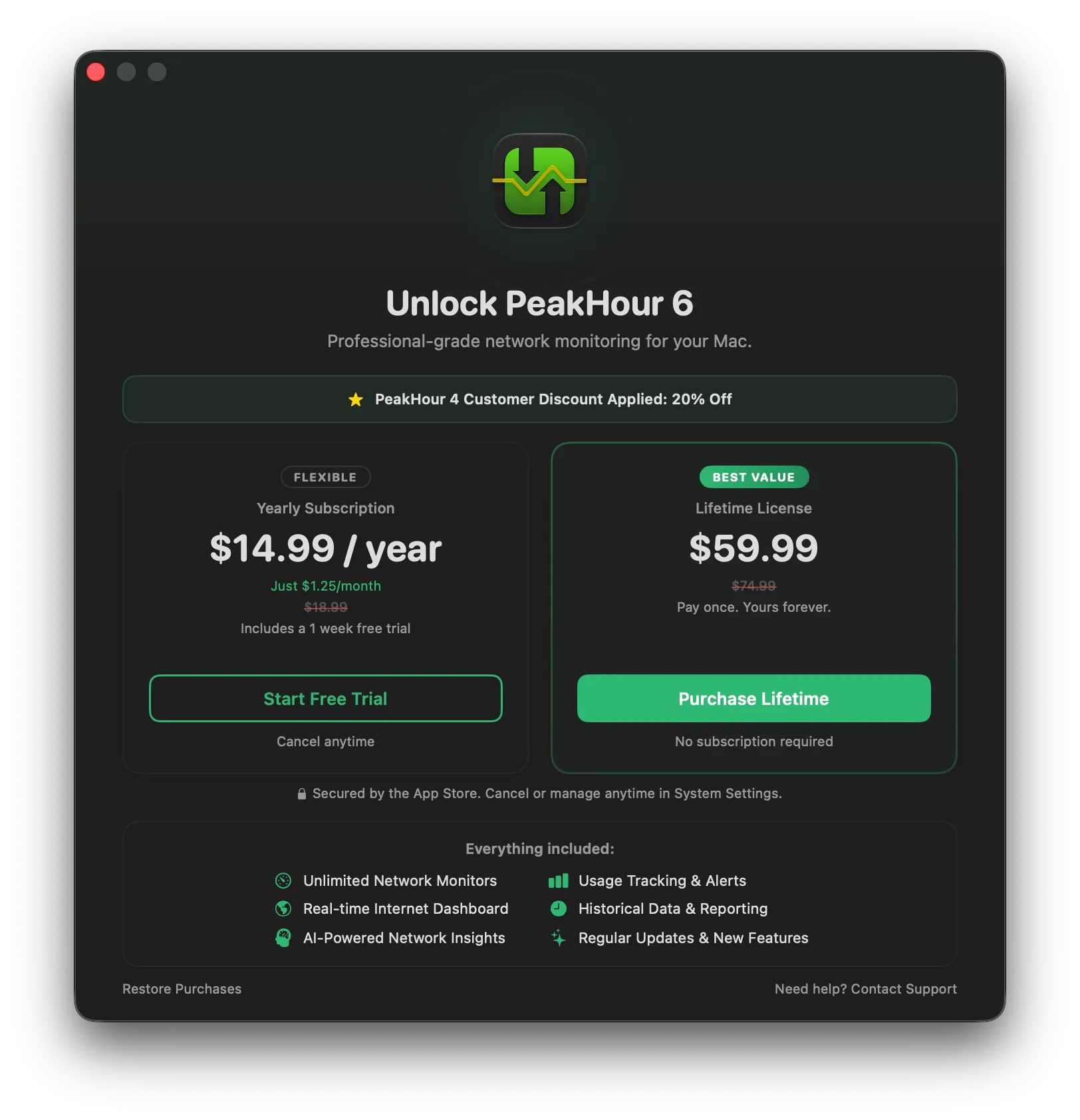 The Unlock PeakHour 6 purchase screen showing the PeakHour 4 Customer Discount banner