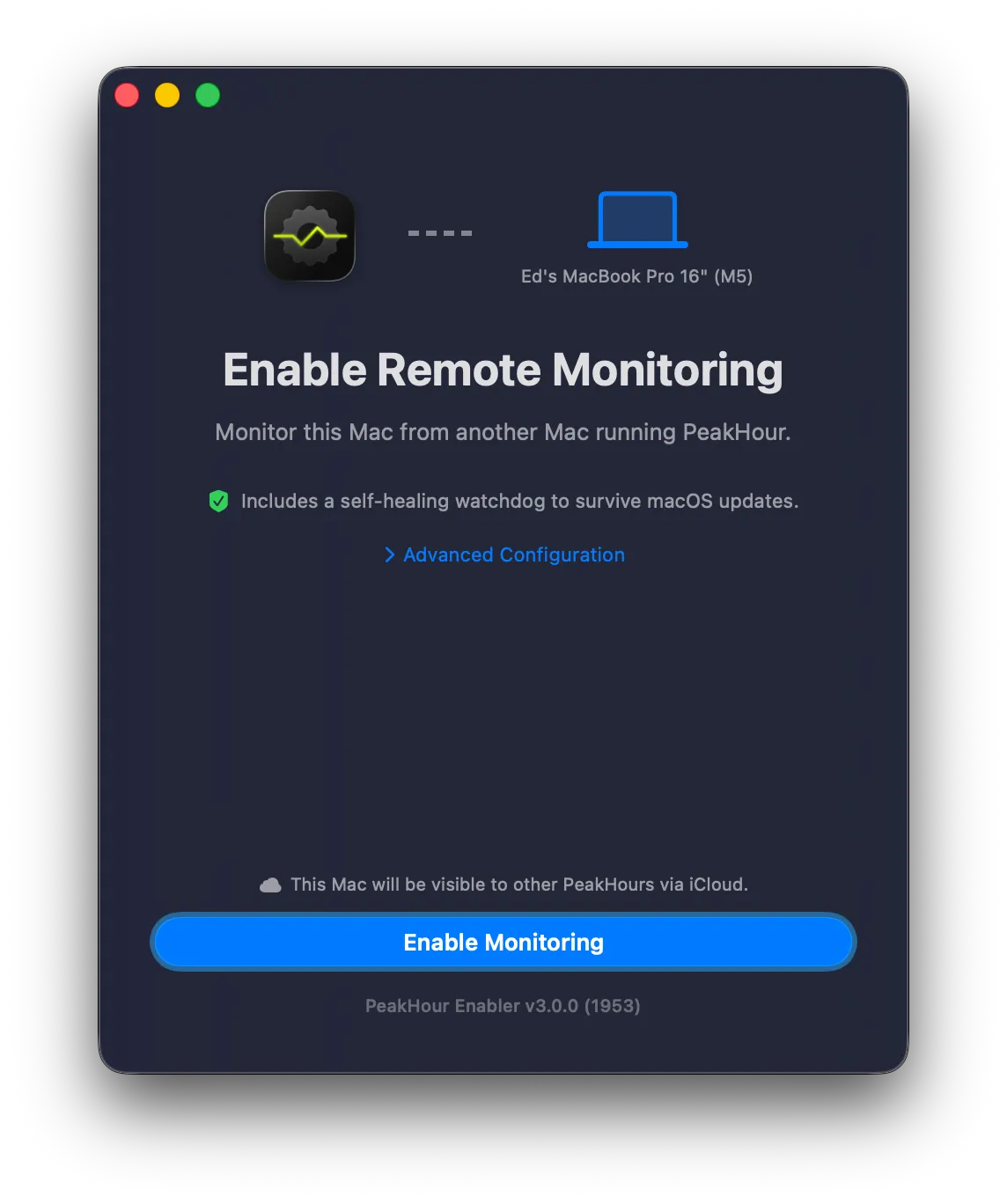 PeakHour Enabler's Enable Remote Monitoring window, with the Enable Monitoring button