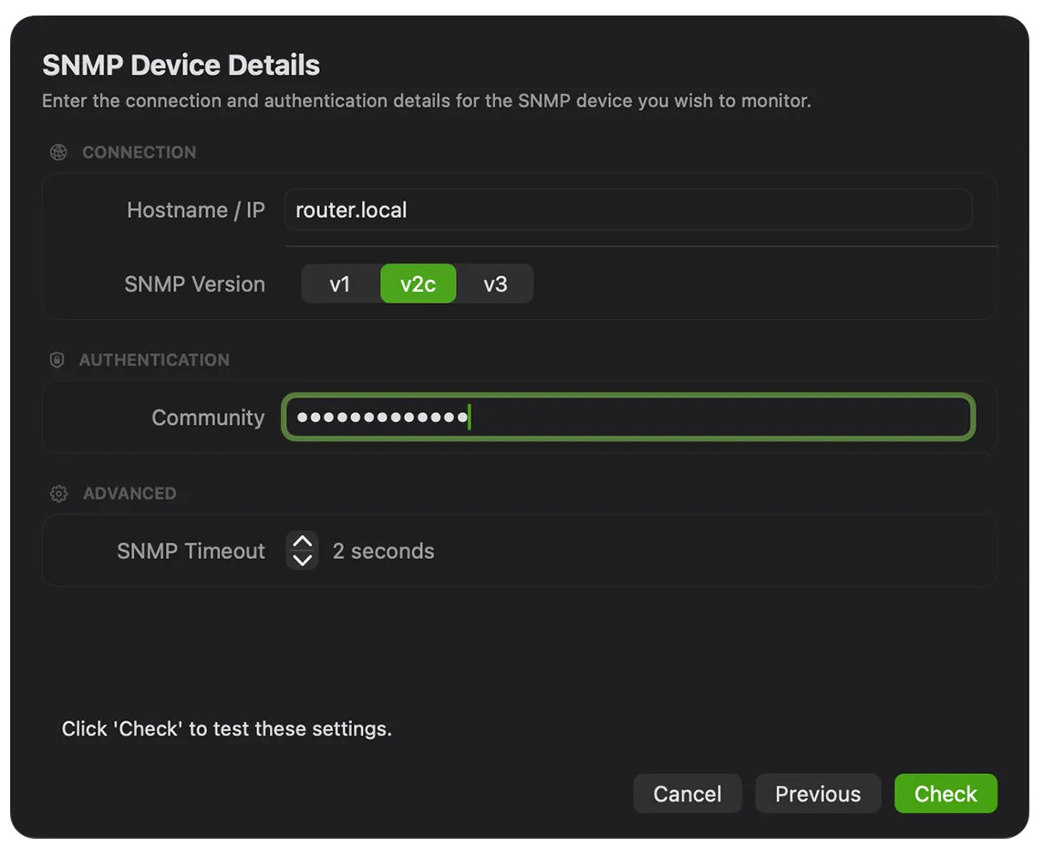 PeakHour's SNMP Device Details sheet, with the SNMP community entered in the Authentication section